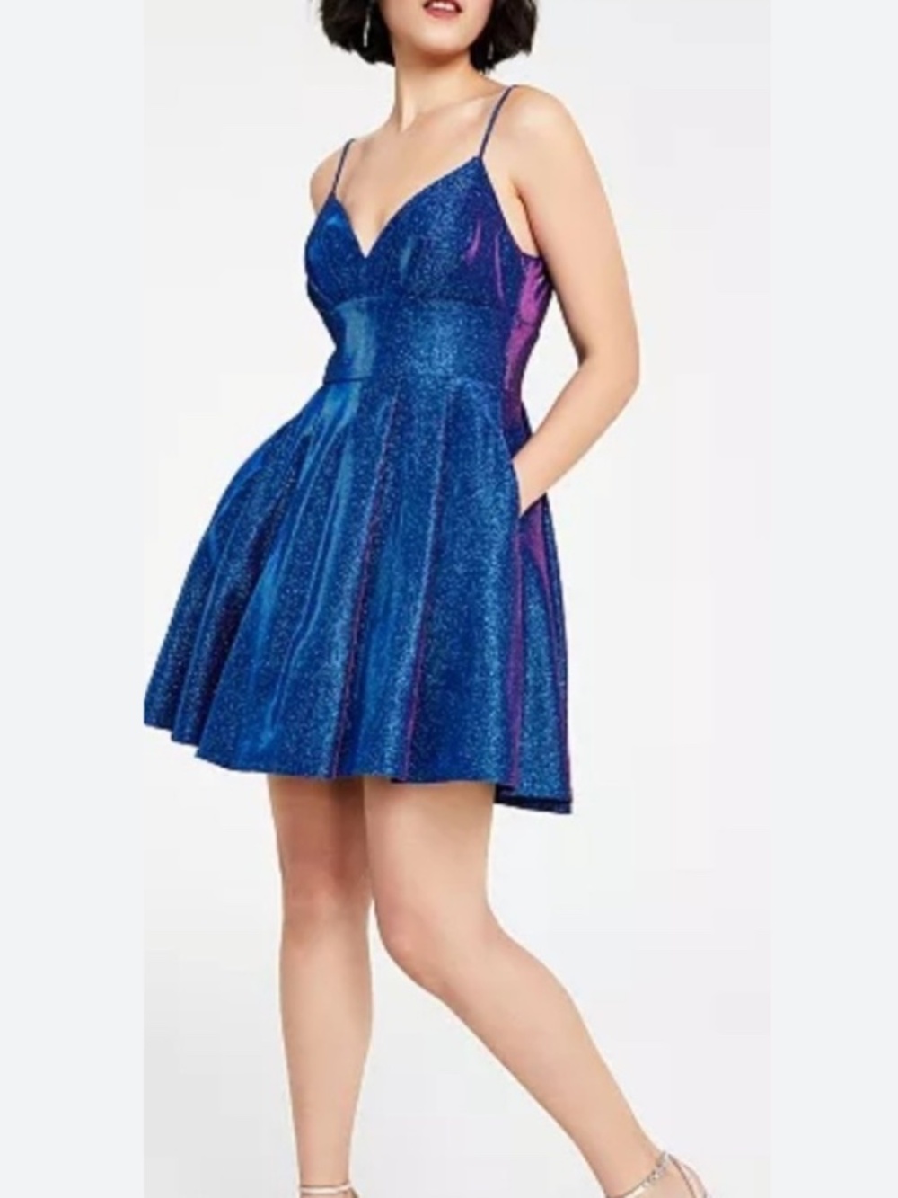 B Darlin Glitter Knit Skater Blue Shimmer Party Graduation Mini Dress Size 13/14